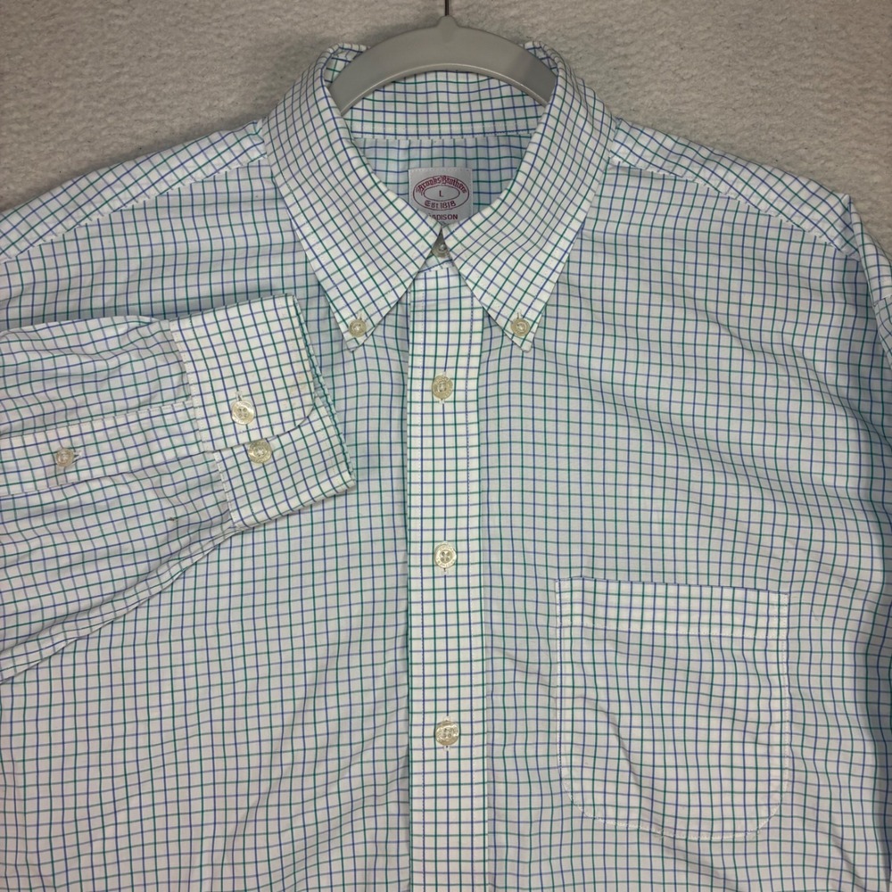Brooks Brothers Madison Oxford Shirt Men L White Tattersall Supima OCBD Button